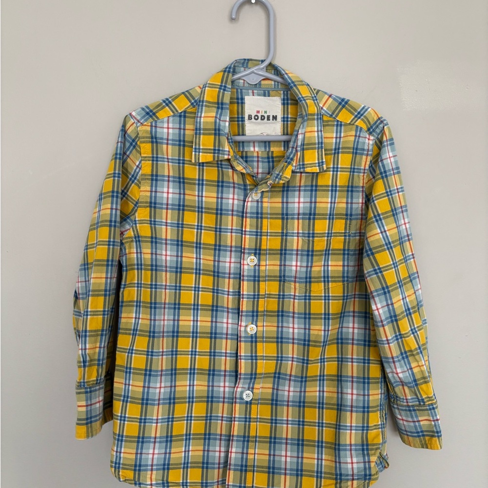 Mini Boden Yellow and Blue Plaid Button-Down Shirt